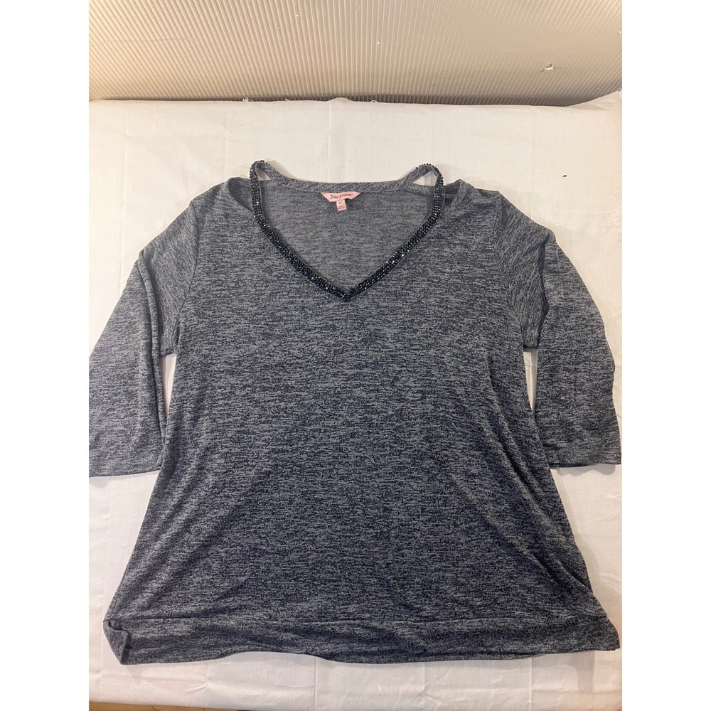 Juicy Couture Embellished V Neck Heathered Gray Long Sleeve Tunic Top XL